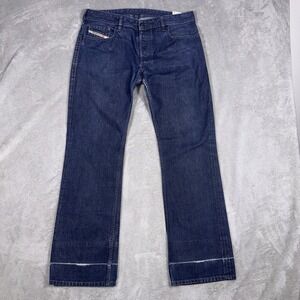 Diesel Jeans mens 34x32 Zatiny Bootcut DarkBlue Denim Button Fly Distressed Hem
